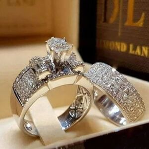 14K White Gold filled Engagement/Wedding Ring Set Thick Womens Bands 1 Carat